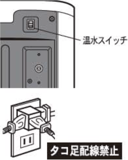 ウォーターサーバー背面にある温水スイッチとタコ足配線禁止の図